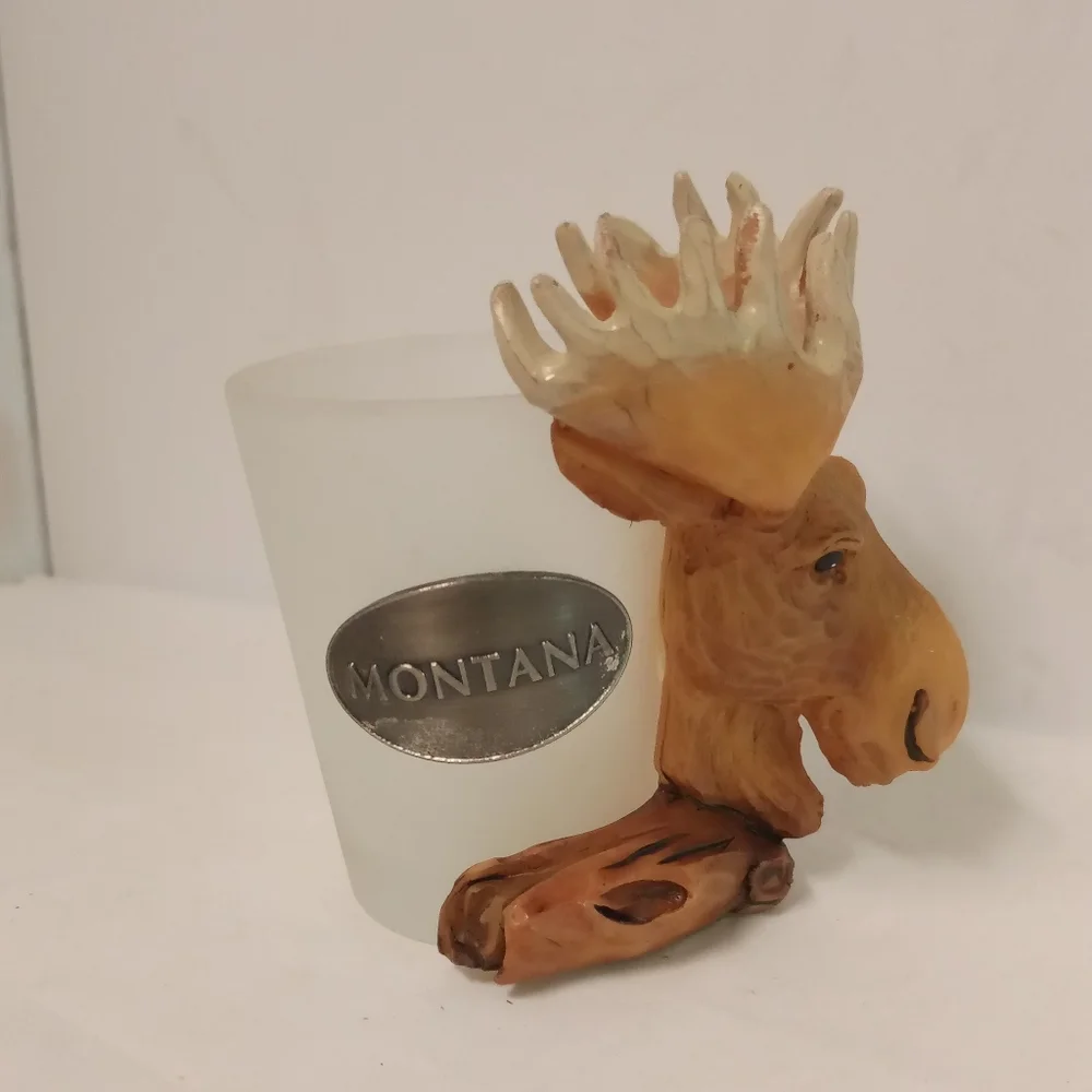 Vintage Frosty Shot Glass Moose Figurine attach Montana Silver Metal Seal